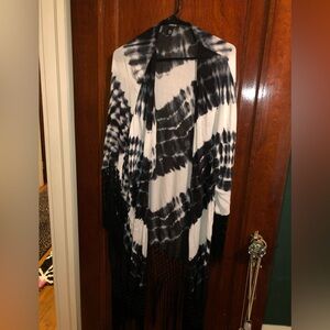 Chico's Black and White Tie-Dye Fringe Cardigan